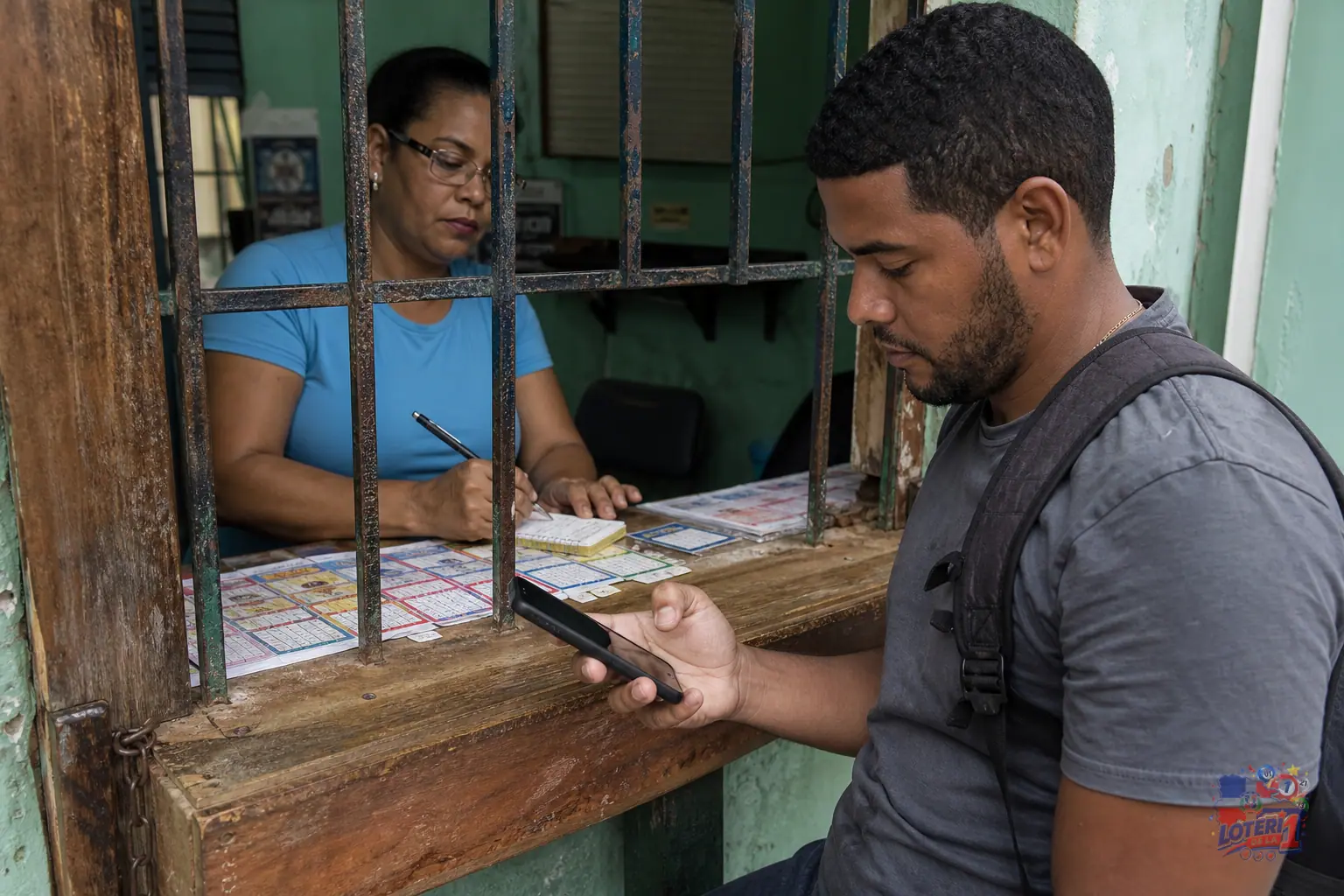 Mostrador de banca dominicana con terminal y cliente consultando resultados en un celular