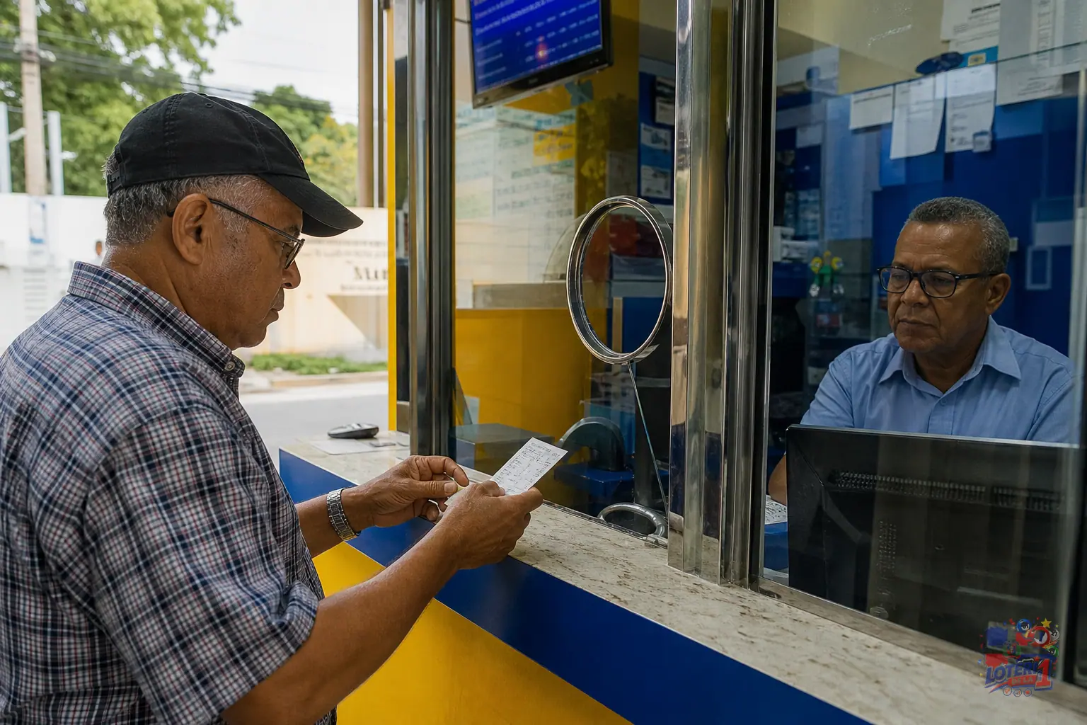 Terminal de banca dominicana y ticket sin números legibles junto a una pizarra de premios