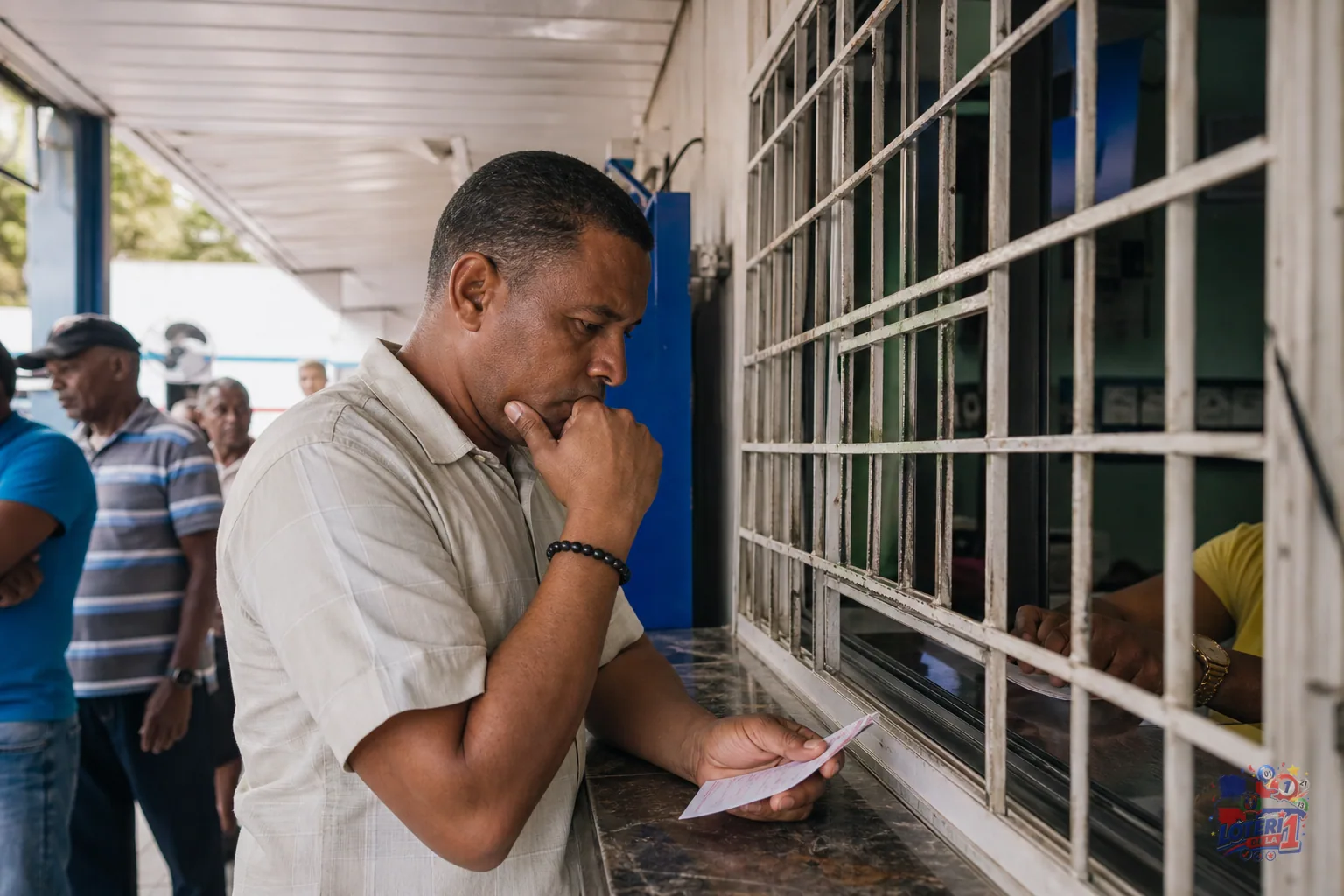 Jugador revisa una libreta con fechas y una jugada en una banca dominicana
