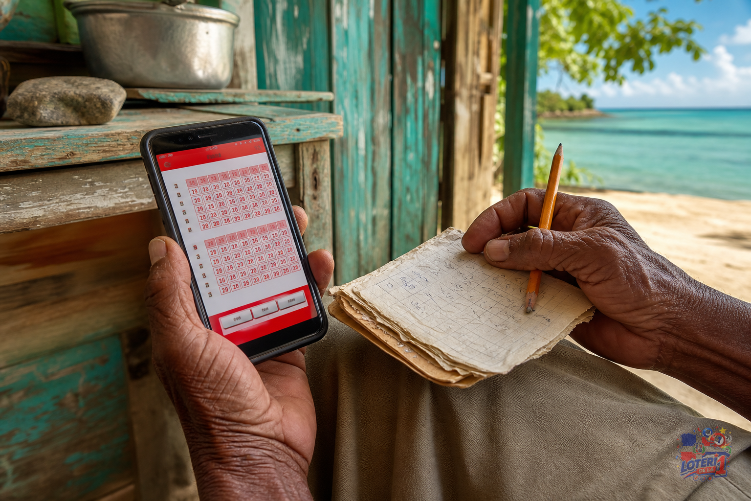 Una mano envejecida con una libreta y un lápiz junto a un smartphone mostrando una app de lotería.