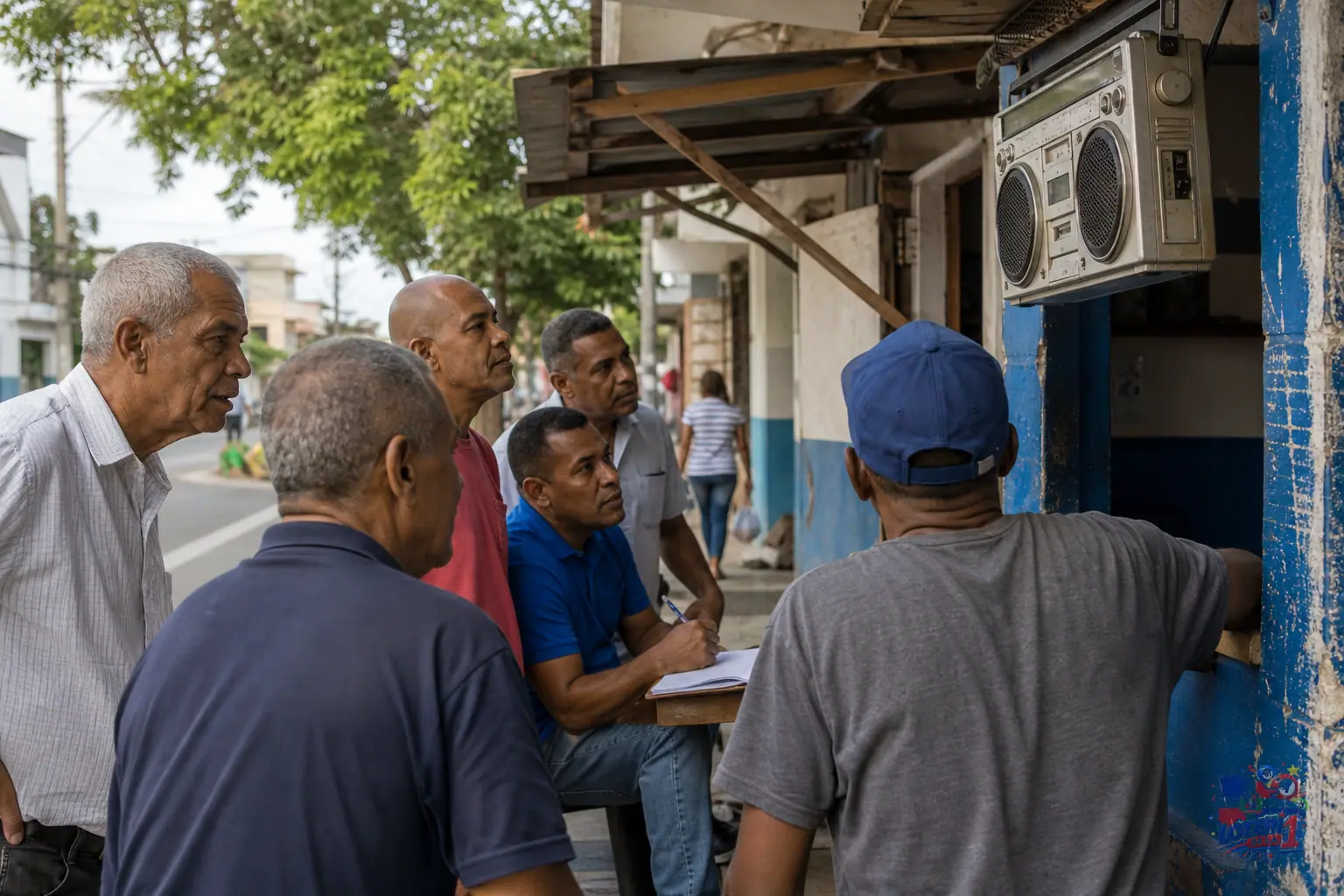 Persona consulta resultados de lotería en un celular junto a una radio portátil en una banca dominicana