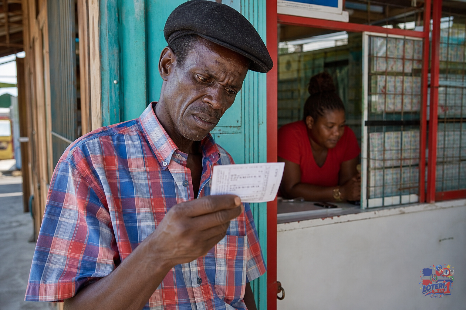 Persona sosteniendo un ticket de lotería, con expresión de preocupación, frente a una banca de lotería.