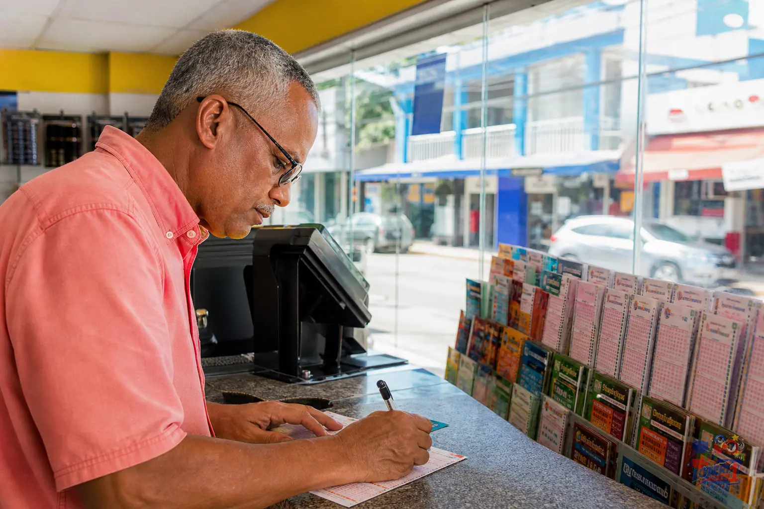 Mano revisando un ticket estadounidense junto a una pantalla de resultados en una banca caribeña