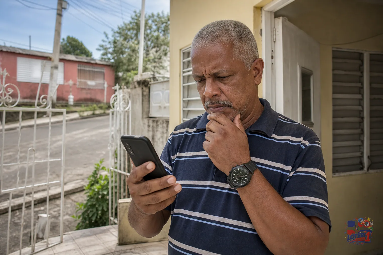 Persona revisa un mensaje sospechoso de premio en WhatsApp junto a un ticket de lotería sin mostrar datos legibles