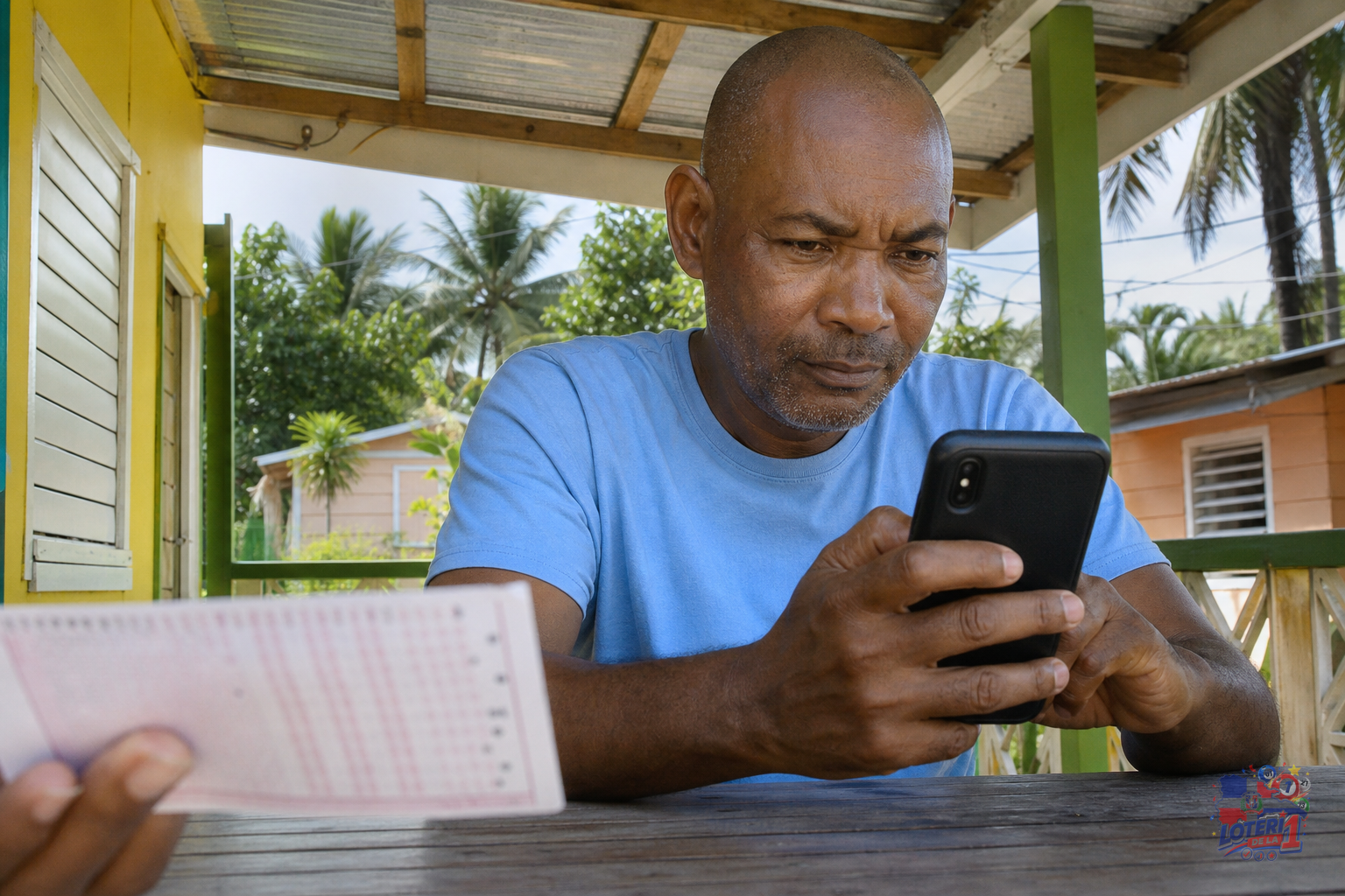 Una persona revisando cuidadosamente su teléfono, con un boleto de lotería ligeramente desenfocado en primer plano, simbolizando la verificación de información.