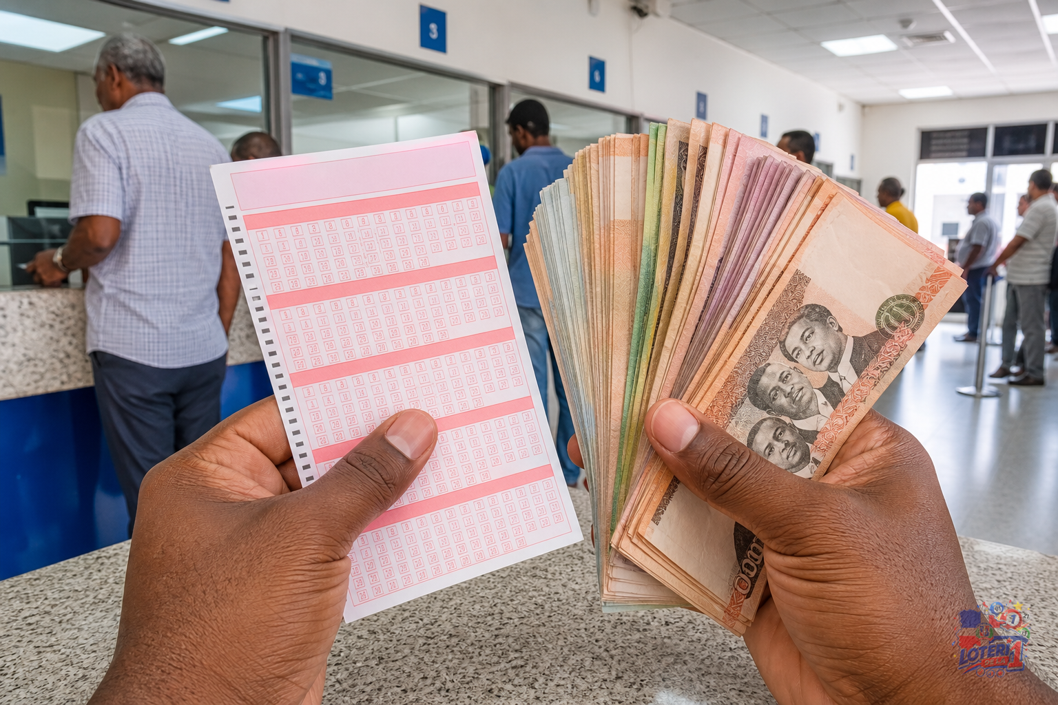 Manos sosteniendo un billete de lotería ganador y billetes de pesos dominicanos, con un fondo borroso.
