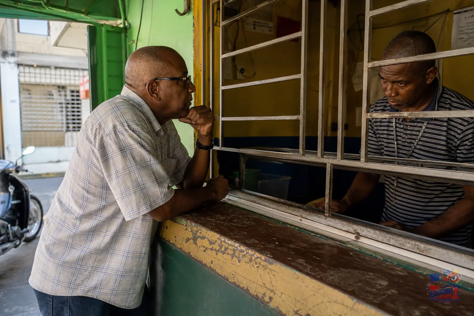 Operadora de banca revisa un registro de sorteos junto a una terminal de lotería en Santo Domingo