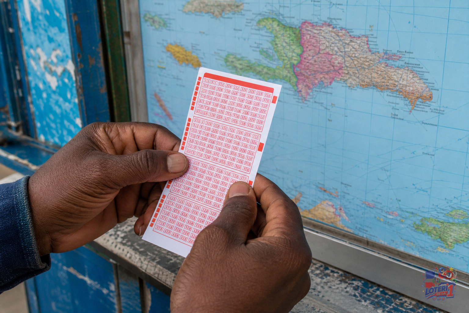 Manos sosteniendo un boleto de lotería dominicano con un mapa de fondo que muestra la diáspora.