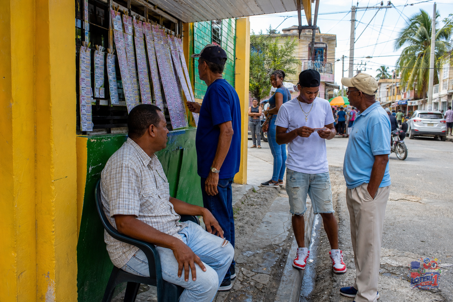 Escena callejera vibrante en República Dominicana, con personas cerca de un puesto de lotería, capturando la esencia cultural.