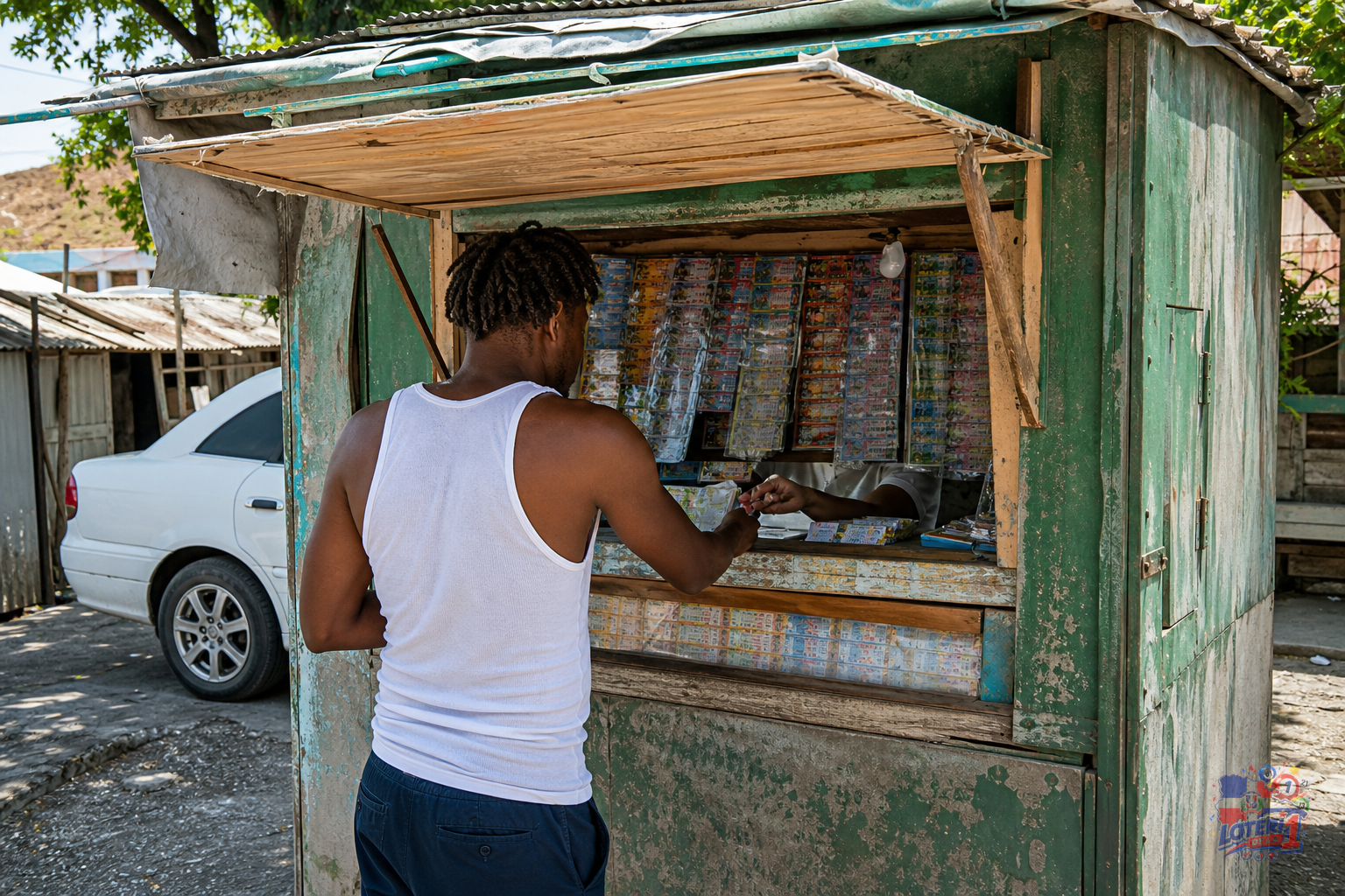 Una persona comprando un billete de lotería en un puesto callejero tradicional en América Latina.