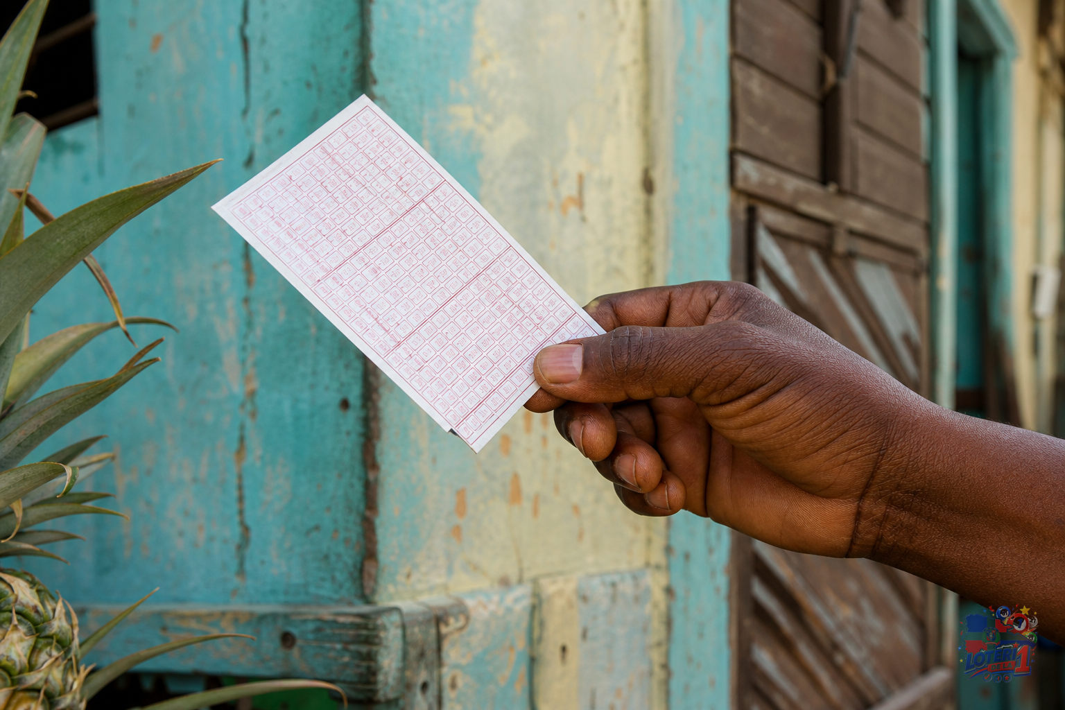 Una mano sosteniendo un boleto de lotería con un fondo caribeño borroso.