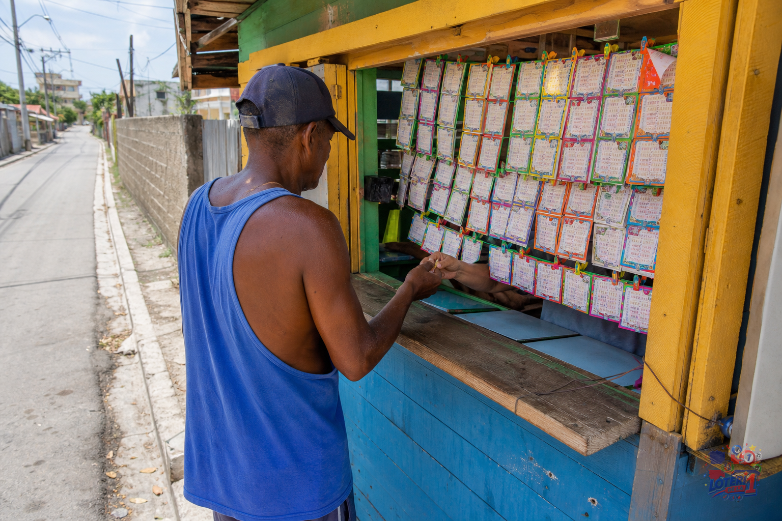 Una persona comprando un boleto de lotería en un puesto de lotería colorido en República Dominicana.