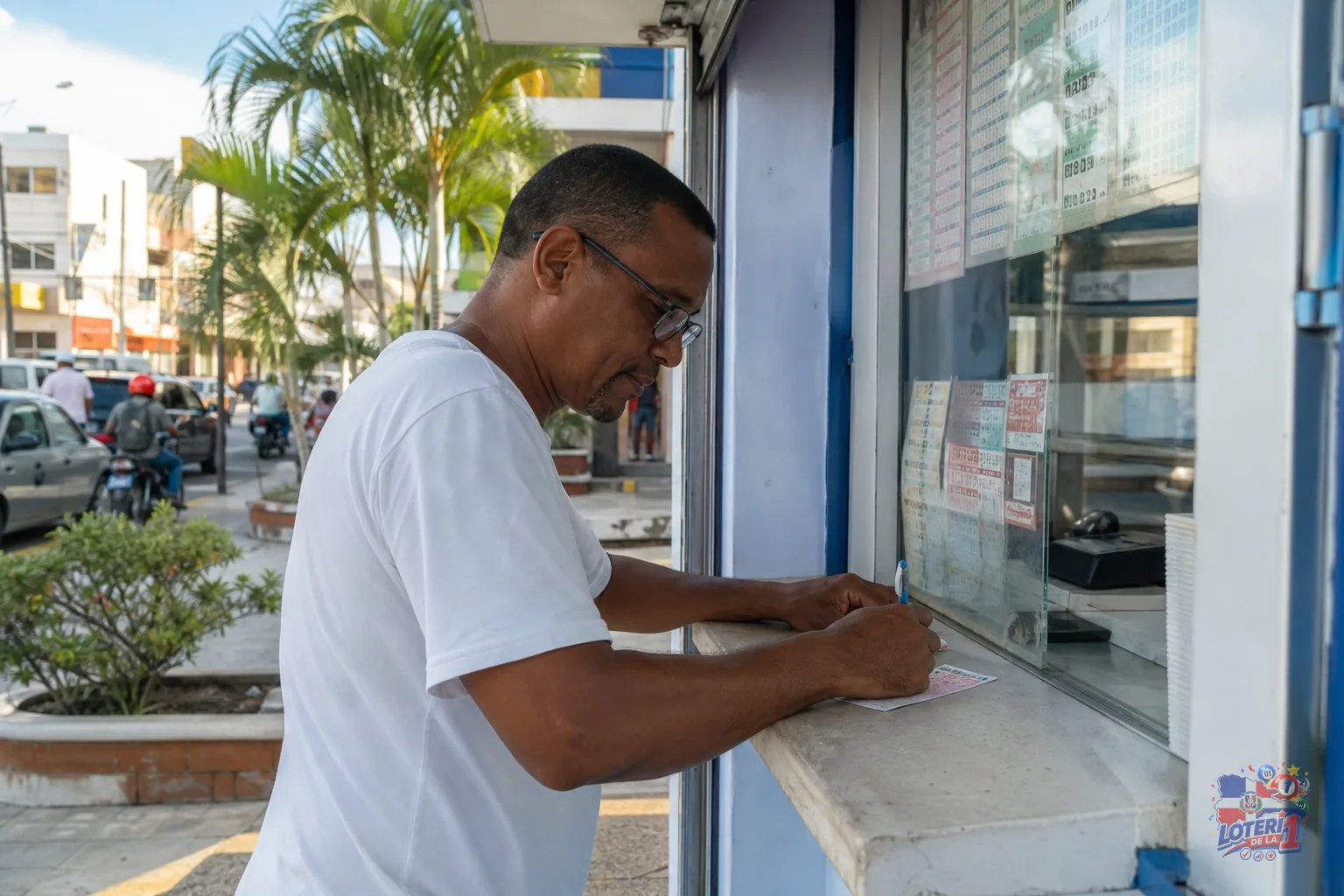 Mostrador de banca dominicana con ticket de lotería sin números visibles y terminal de venta