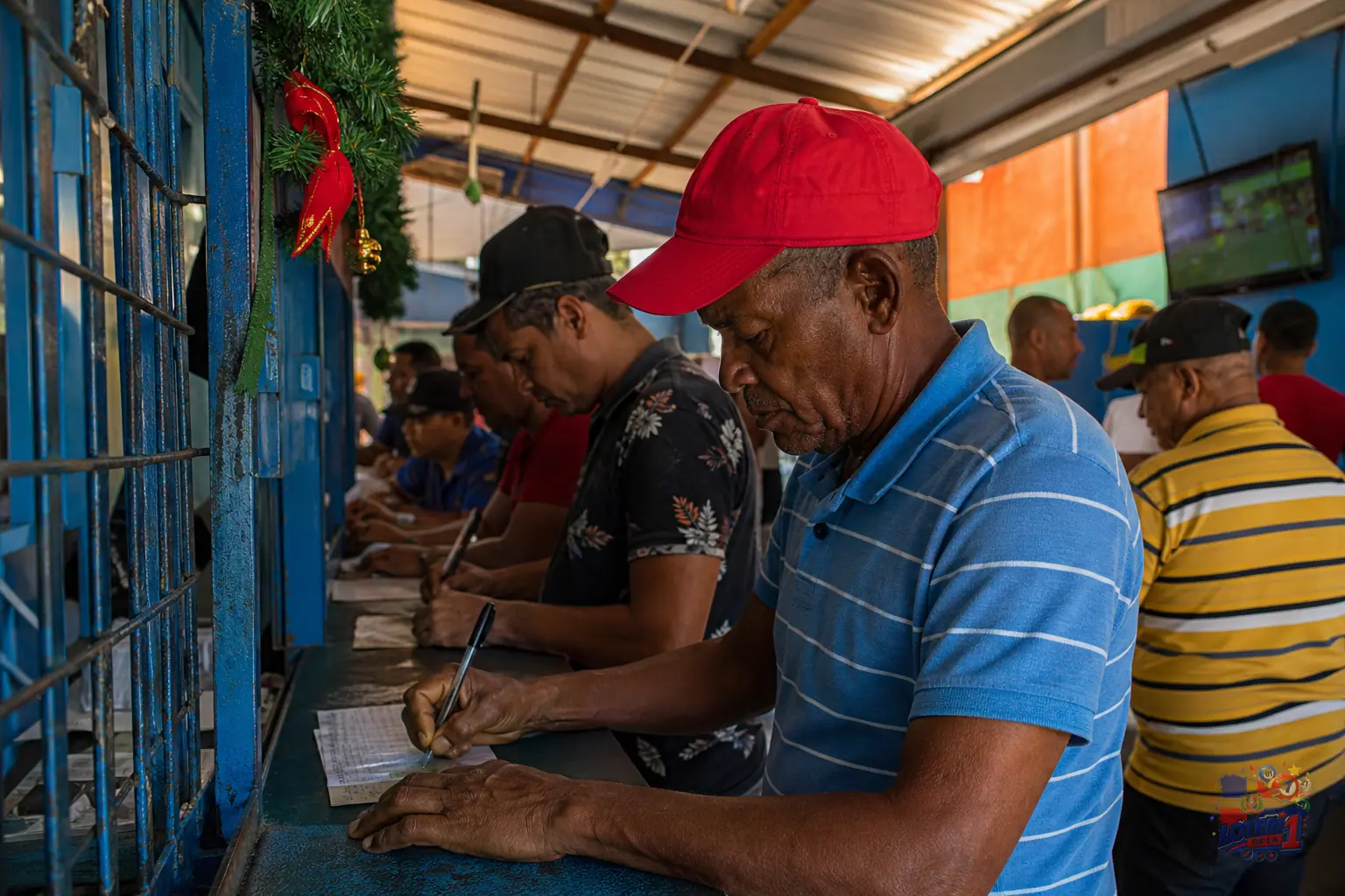 Mostrador de banca dominicana decorado discretamente para diciembre con una libreta de jugadas sin números legibles