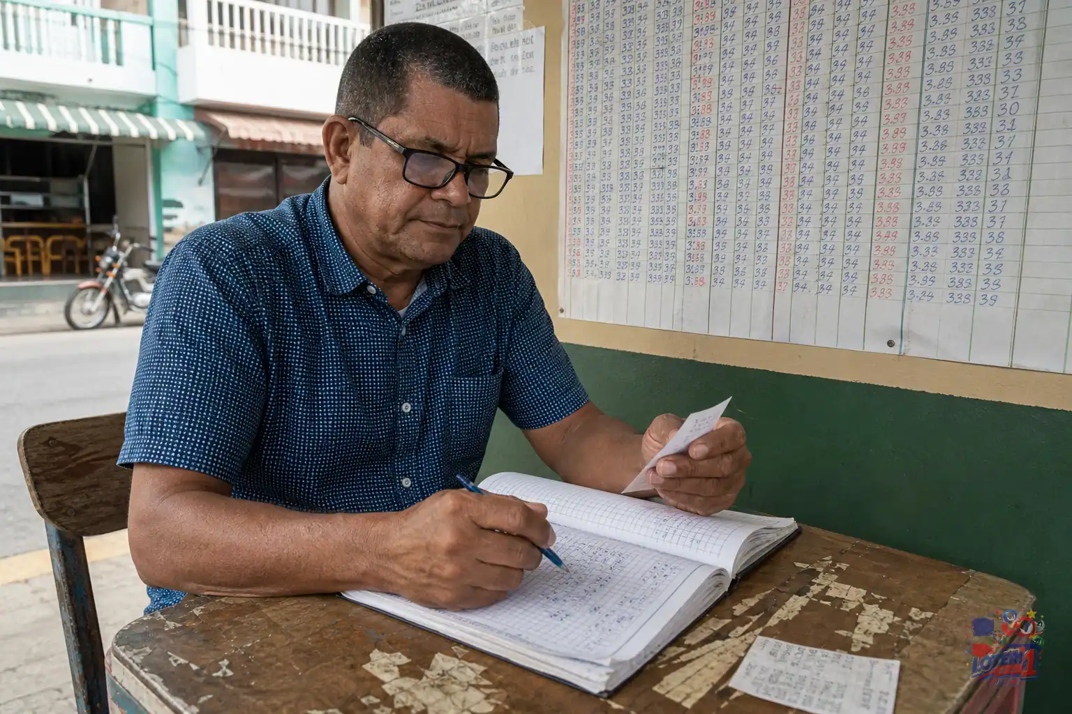 Pantalla de banca dominicana con resultados históricos siendo revisados en una libreta