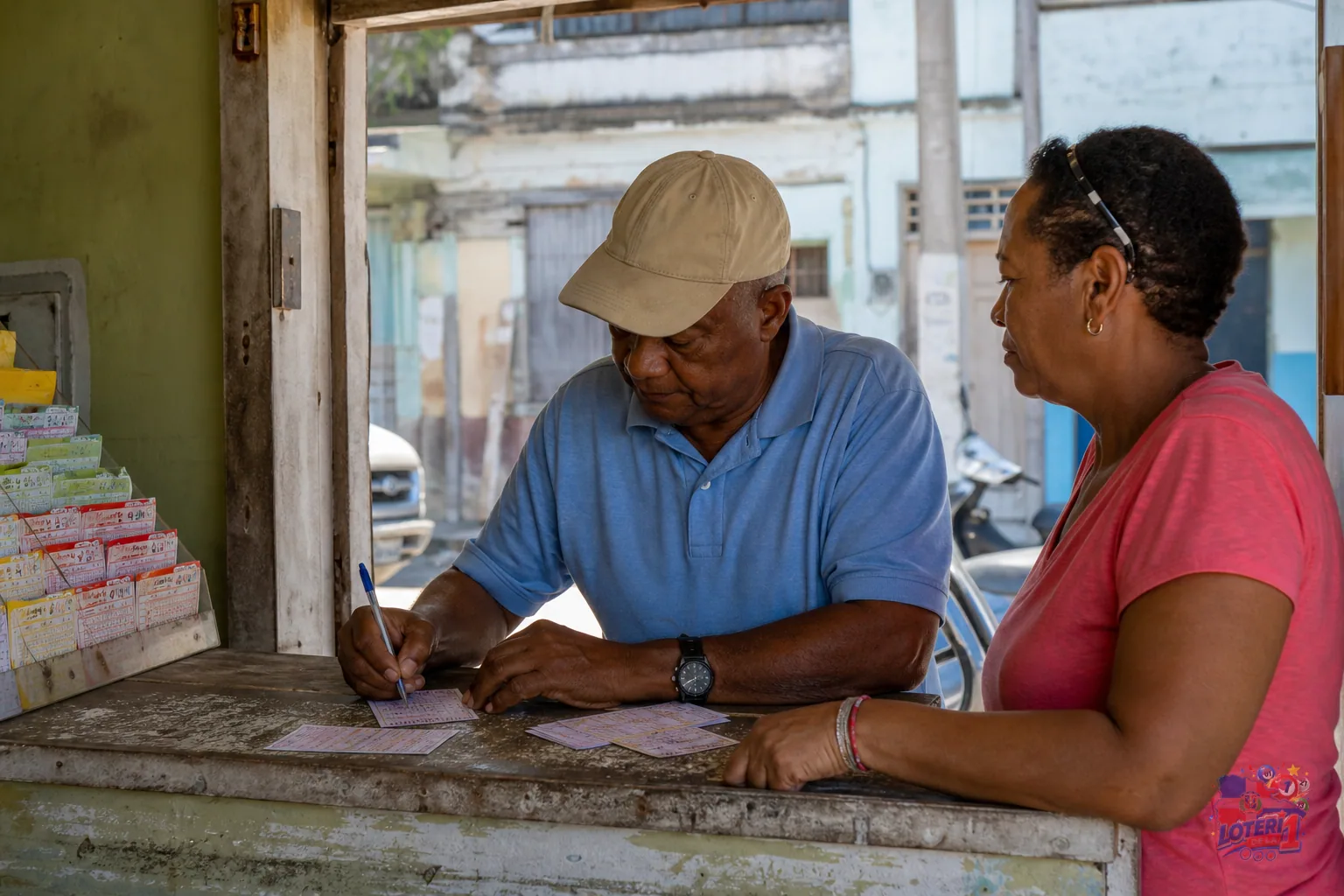 Persona adulta revisa un ticket sin números legibles frente a una banca de barrio dominicana