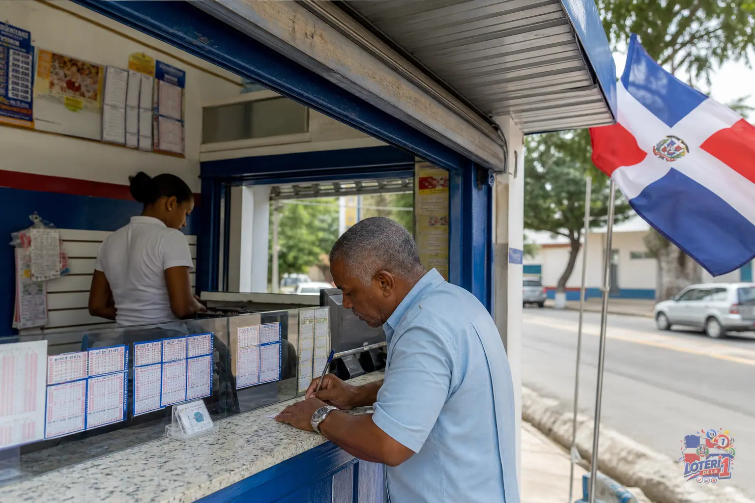 Terminal de banca en República Dominicana con pantalla de resultados internacionales y recibos sin datos legibles