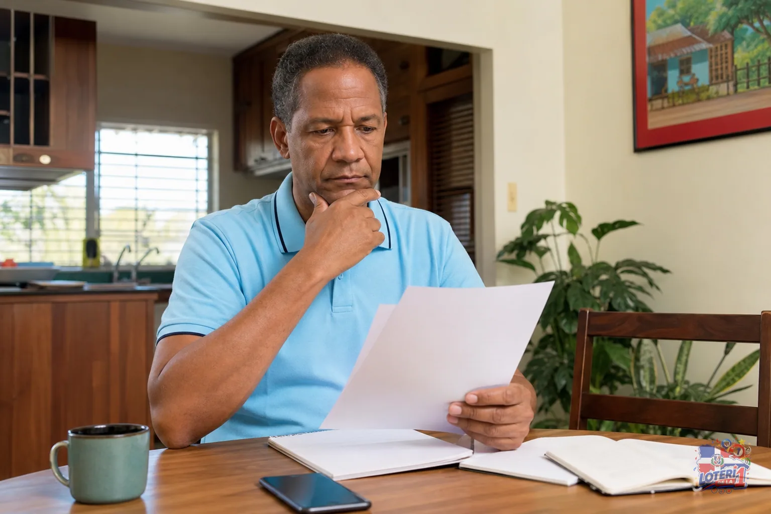Persona organizando documentos y una libreta junto a un recibo de premio en una mesa dominicana