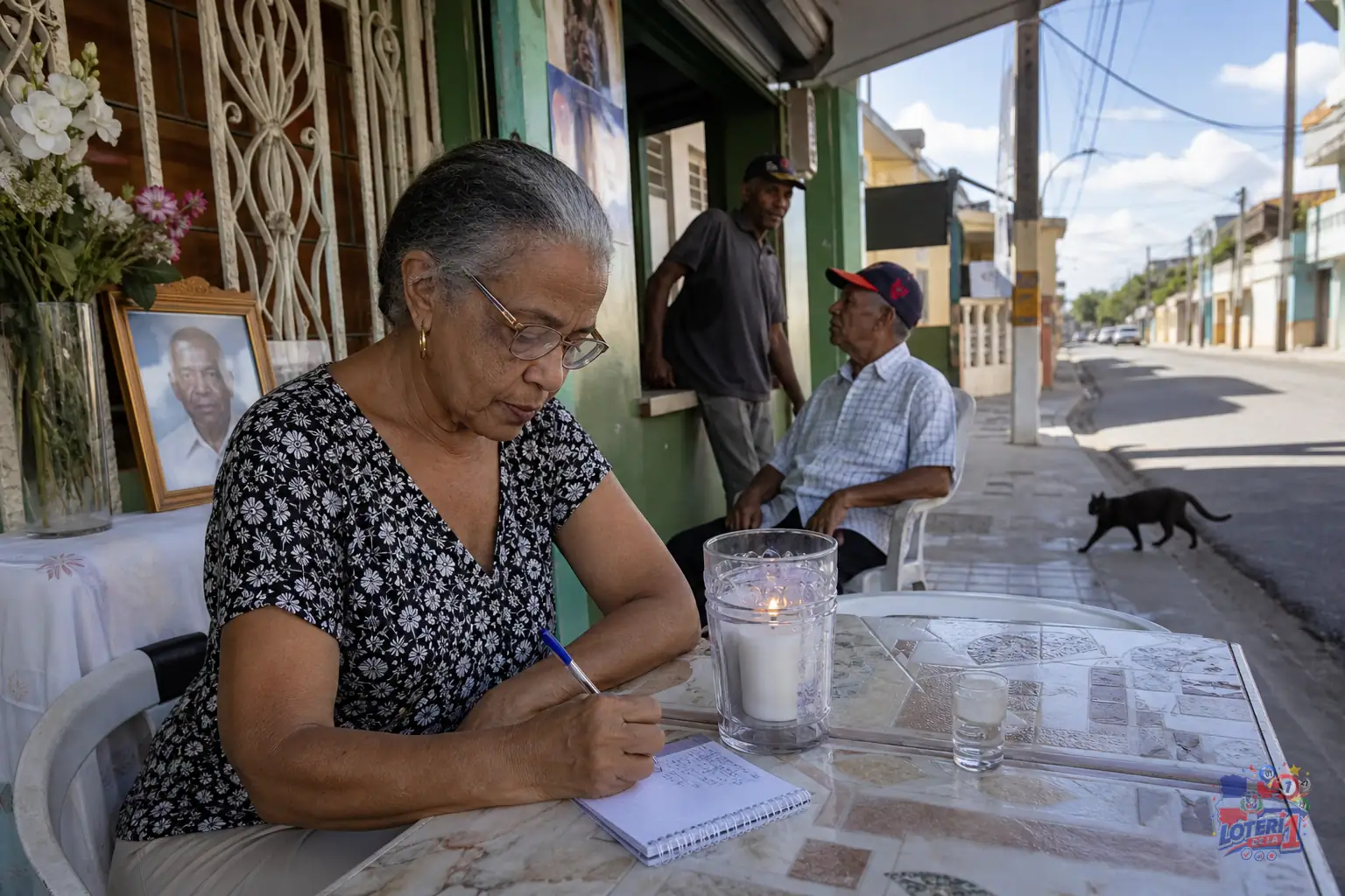 Libreta de charada abierta junto a una banca dominicana y una figura de gato negro en una acera